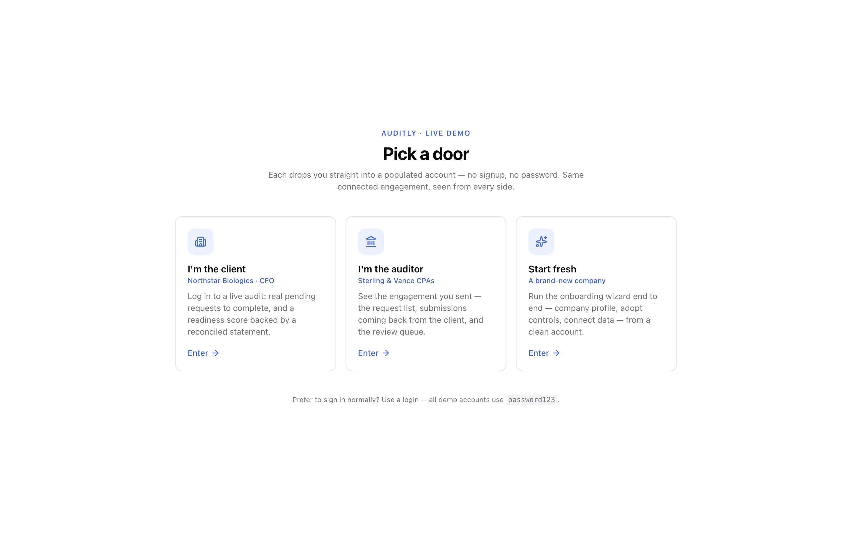Workspace access screen for client, firm, or a fresh account