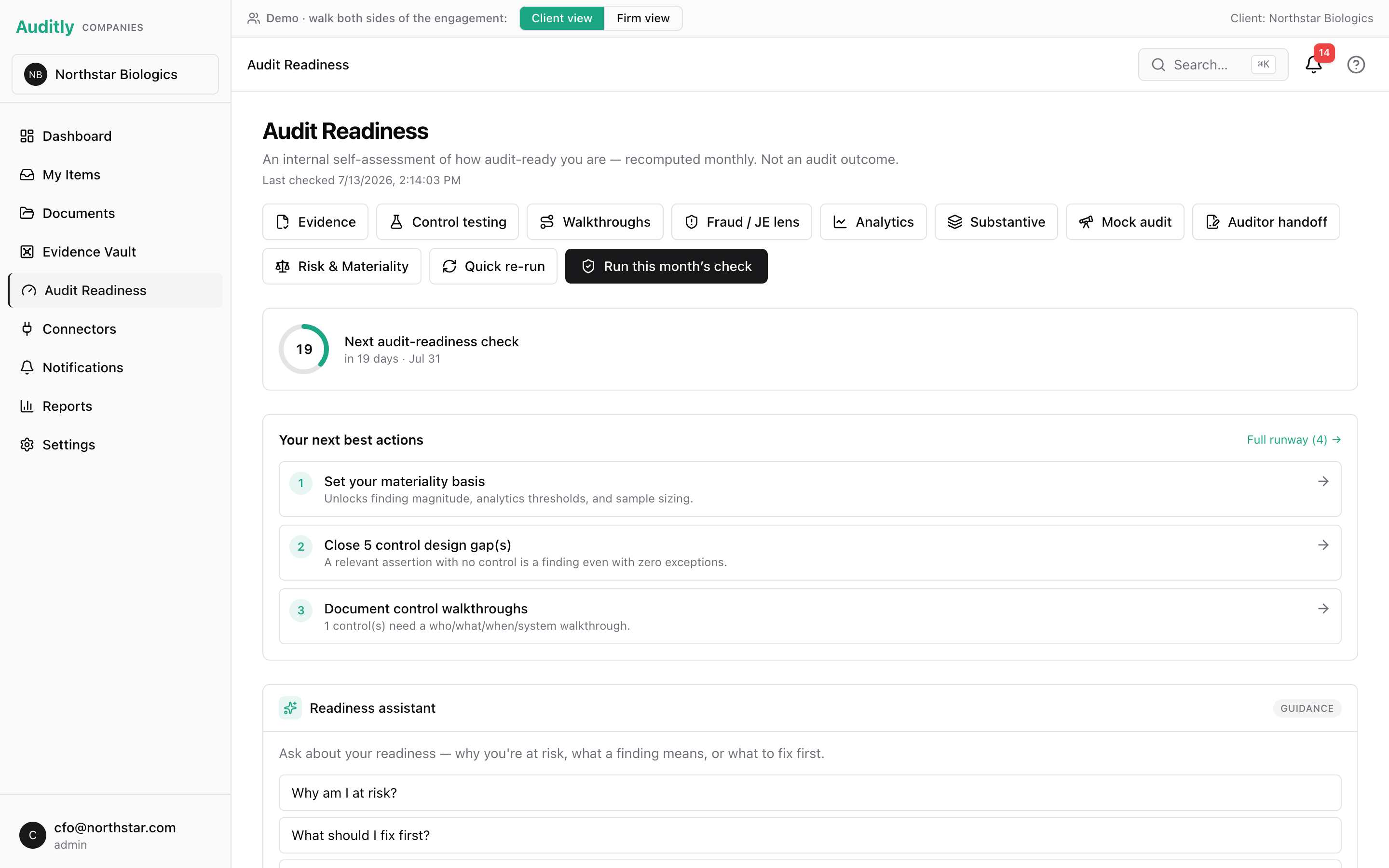Audit Readiness page with next-best-actions and a grounded readiness assistant