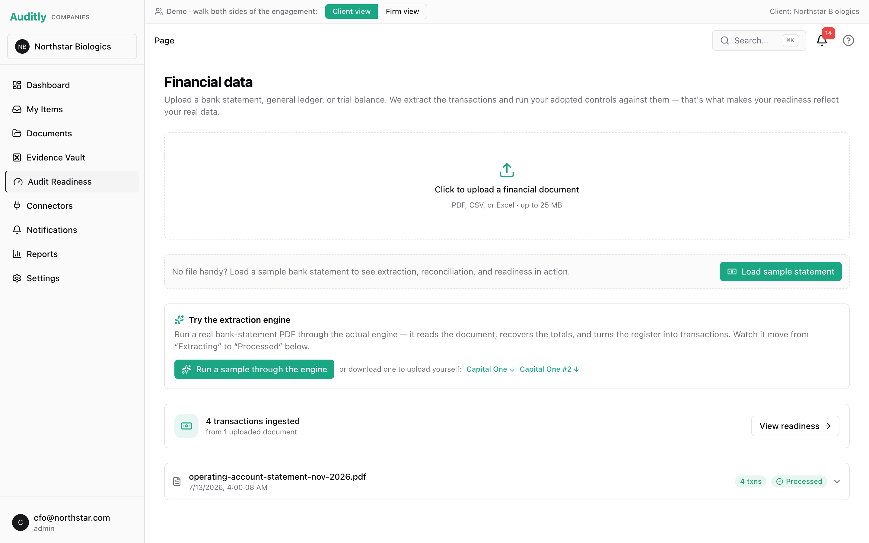 Financial data intake: upload or run a sample through the extraction engine