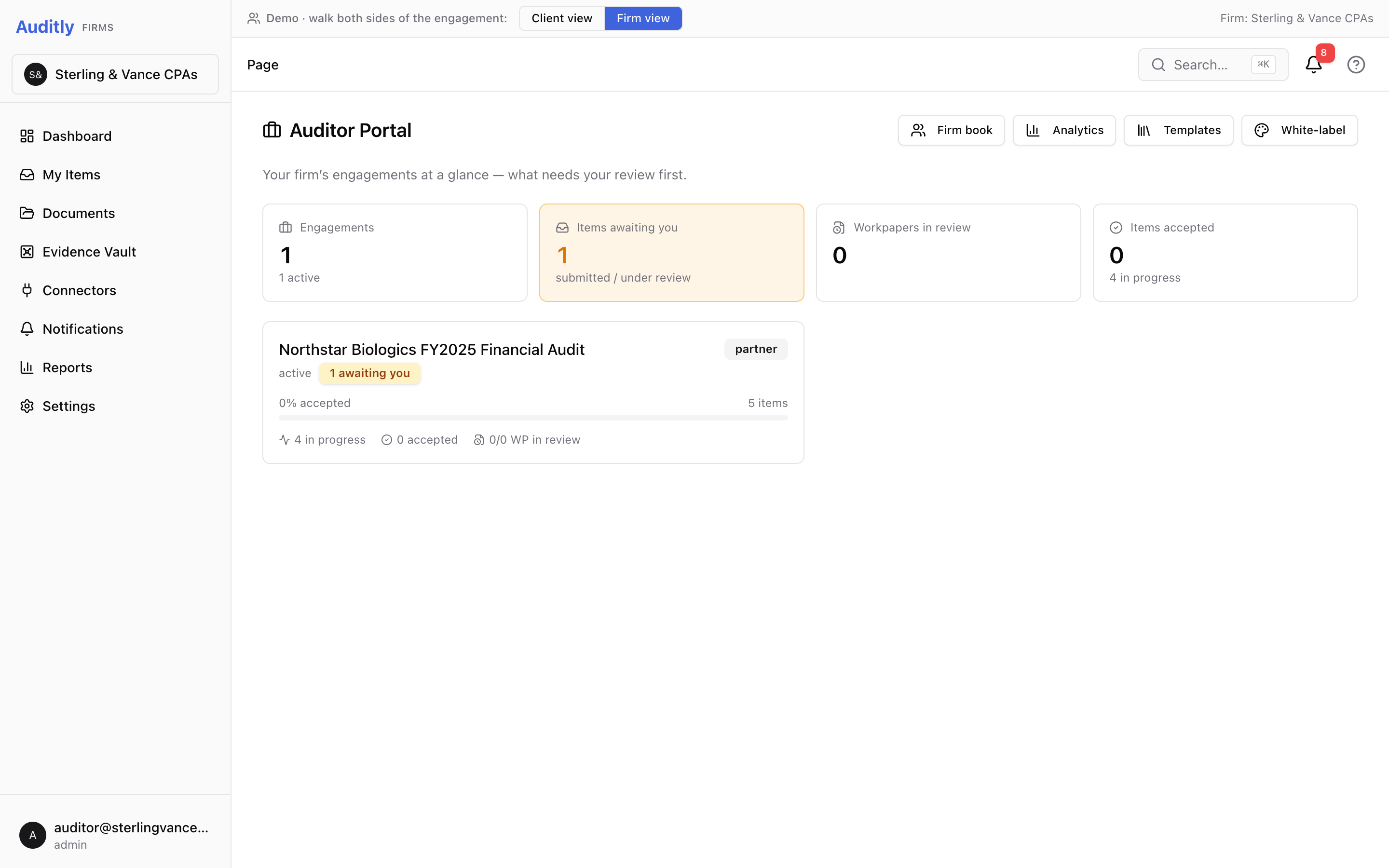 Auditor Portal for the firm showing the same engagement and review queue