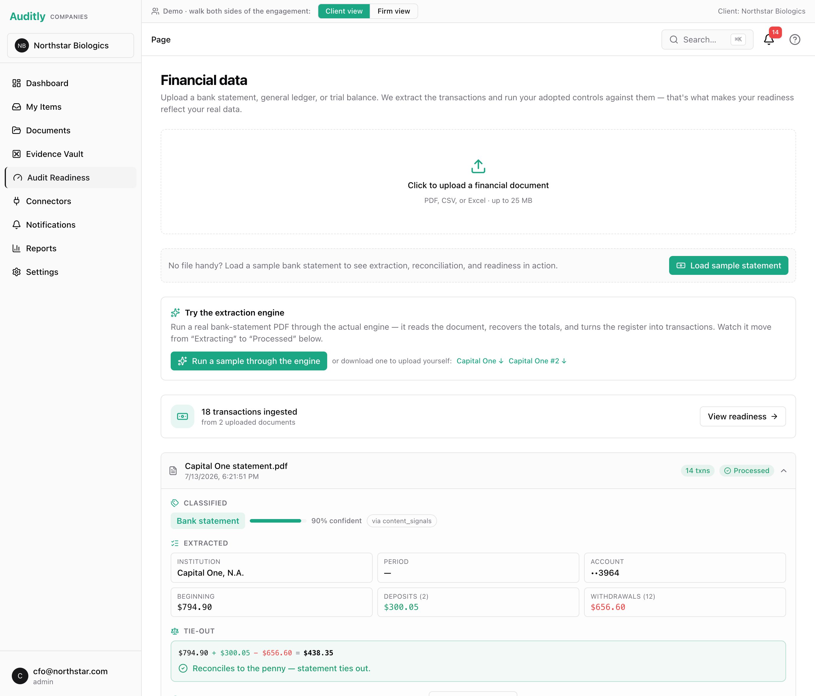 Auditly financial data page showing an extracted bank statement and a successful tie-out