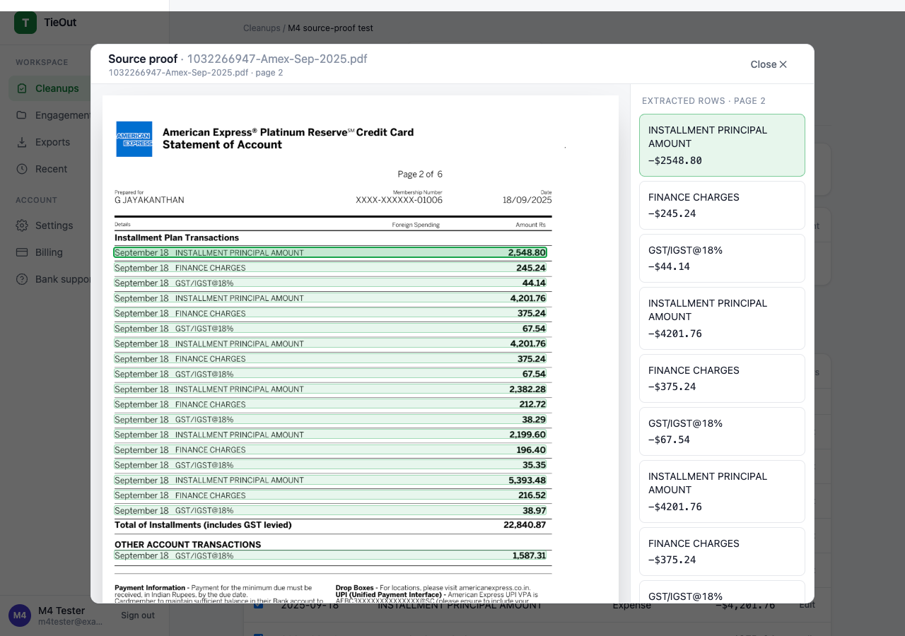 TieOut source proof modal.