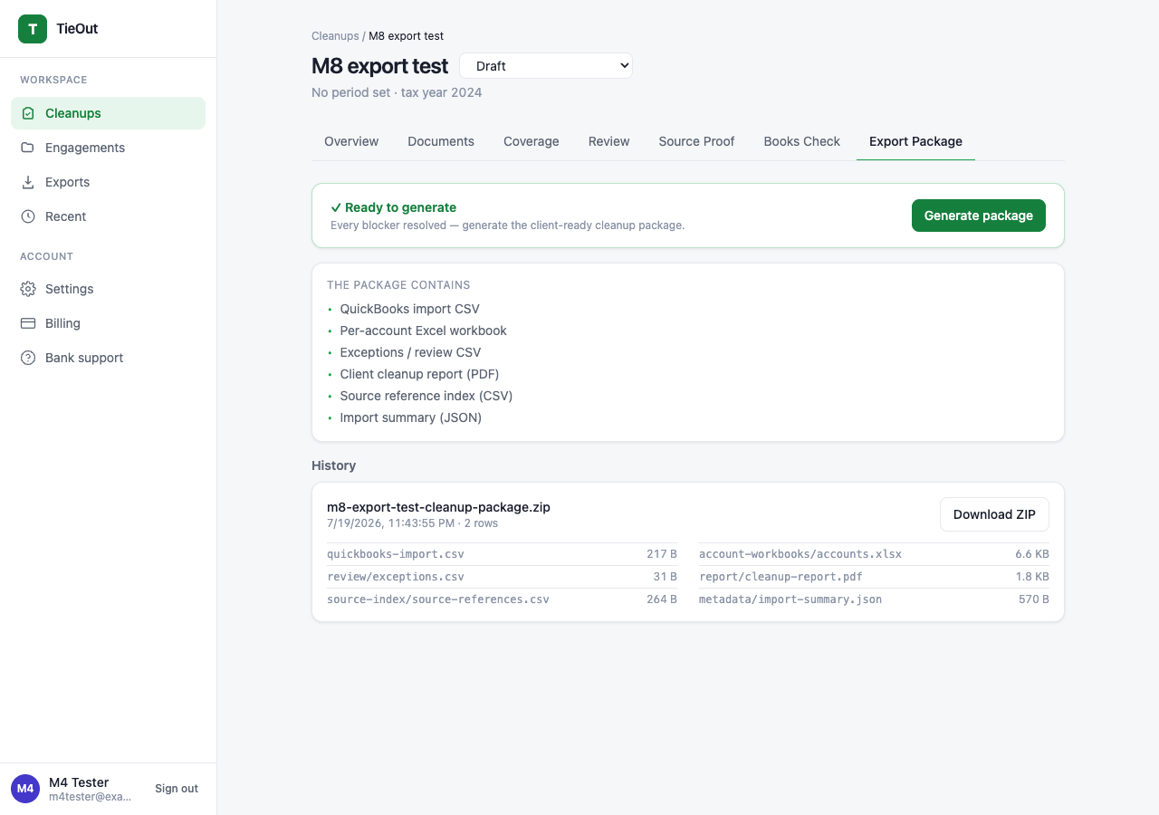 TieOut export package screen.