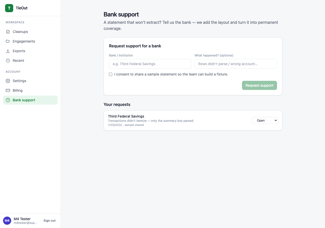 TieOut bank support screen.